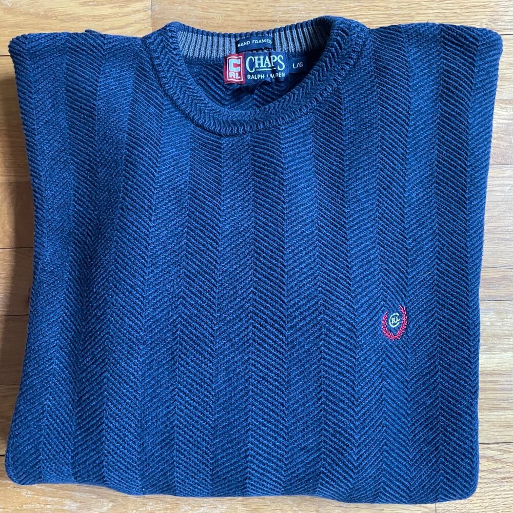 Vtg Chaps Ralph Lauren Herringbone Cotton Pullover Crewneck Sweater L Blue